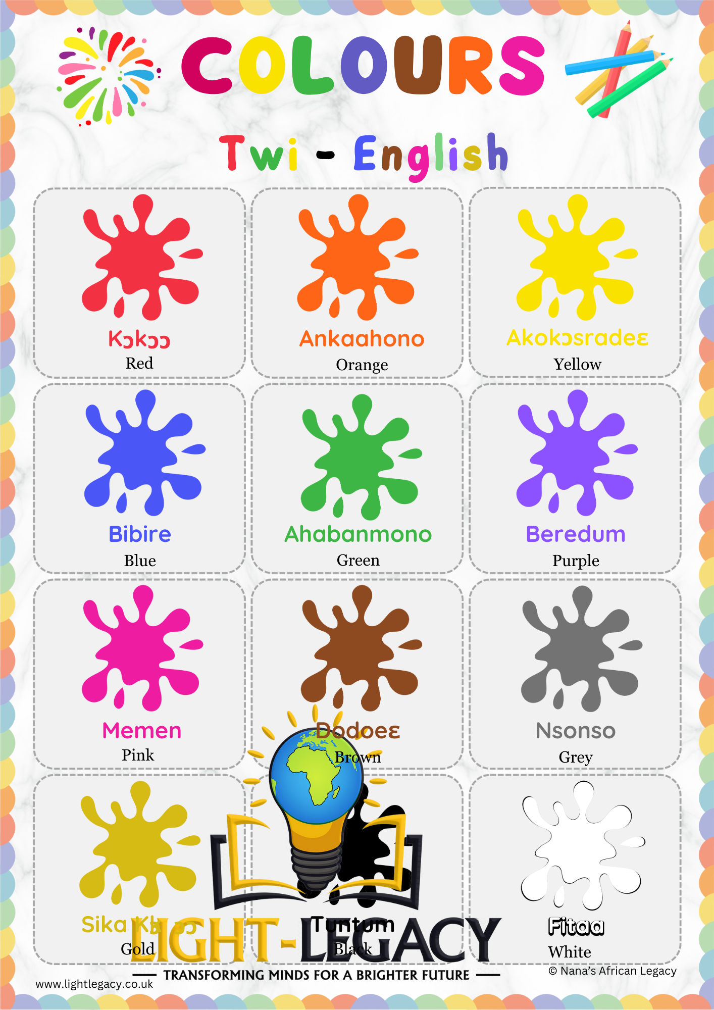 Numbers In Twi Language TWI - ENGLISH COLOURS A3 POSTER – LIGHT-LEGACY