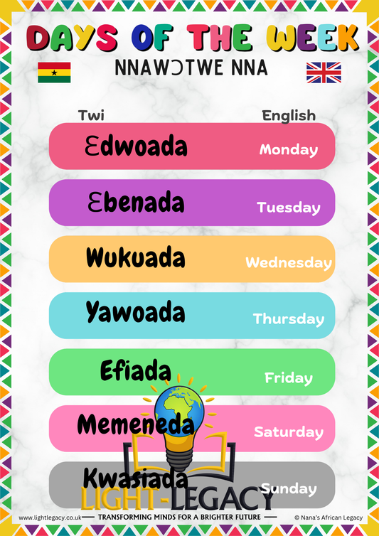 DAYS OF THE WEEK (TWI-ENGLISH)  A3 POSTER